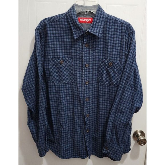 Wrangler Blue Plaid Flannel Long Sleeve Button Up Shirt Size Large 100% Cotton - Picture 1 of 10